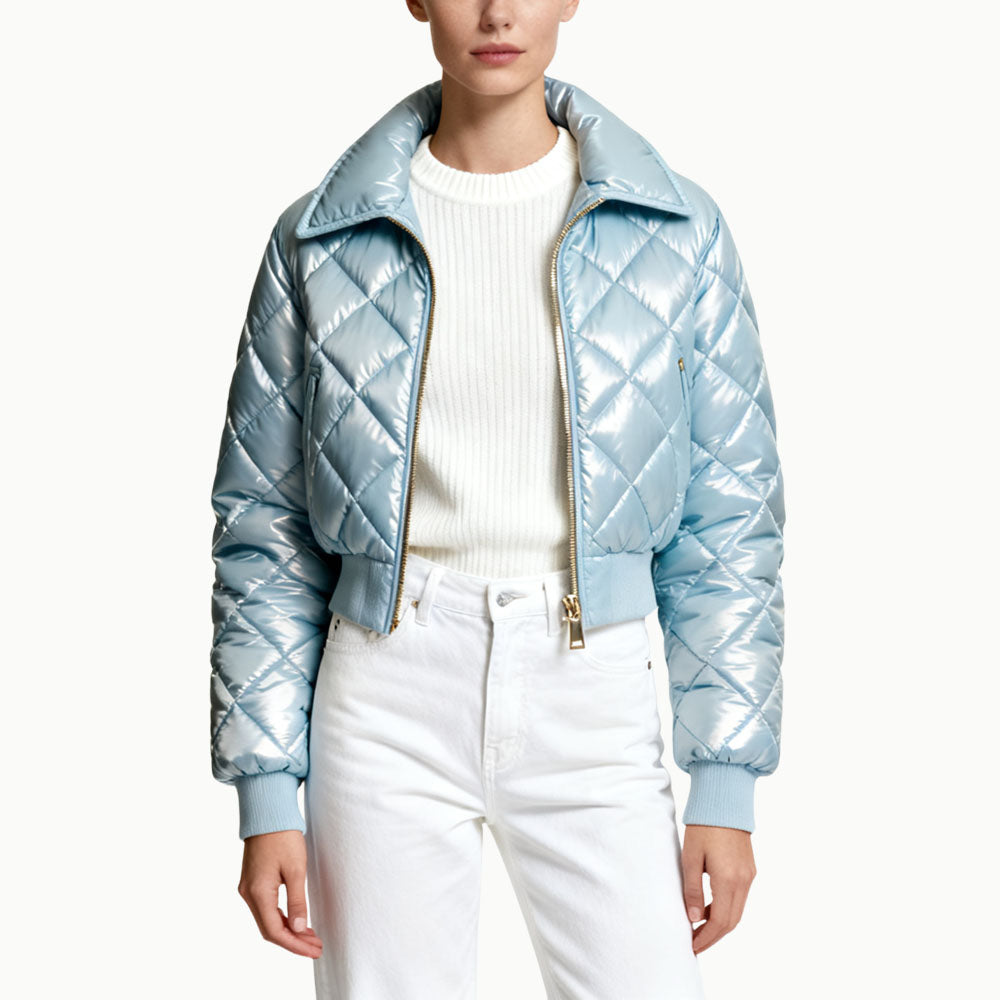Shiny Quilted Diamond Pattern Zip Women's Fashion Outerwear