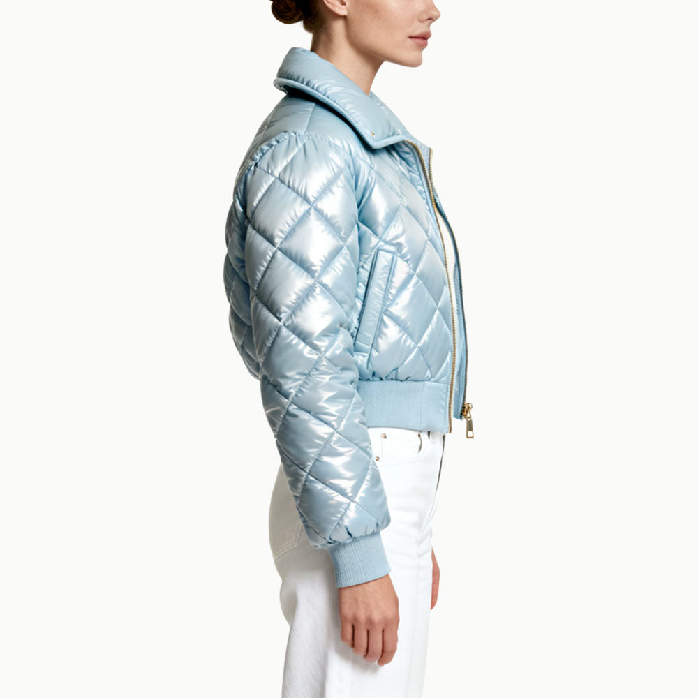 Shiny Quilted Diamond Pattern Zip Women's Fashion Outerwear