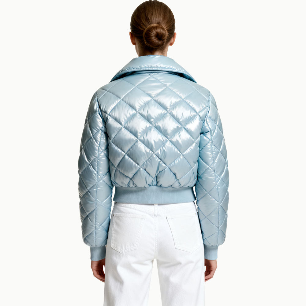 Shiny Quilted Diamond Pattern Zip Women's Fashion Outerwear