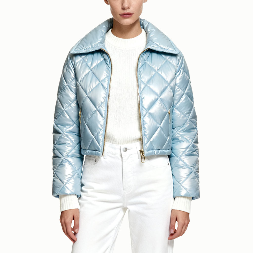 Zip Women's Fashion Shiny Quilted Diamond Pattern Outerwear