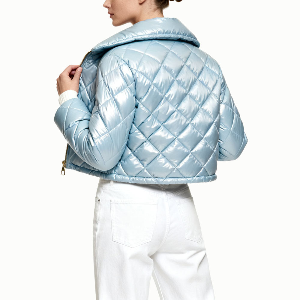 Zip Women's Fashion Shiny Quilted Diamond Pattern Outerwear