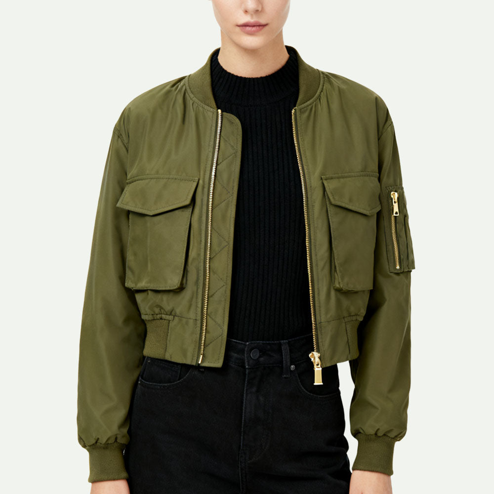 Baseball Collar Multi-Pocket Women's Edgy Utility-Style Outerwear