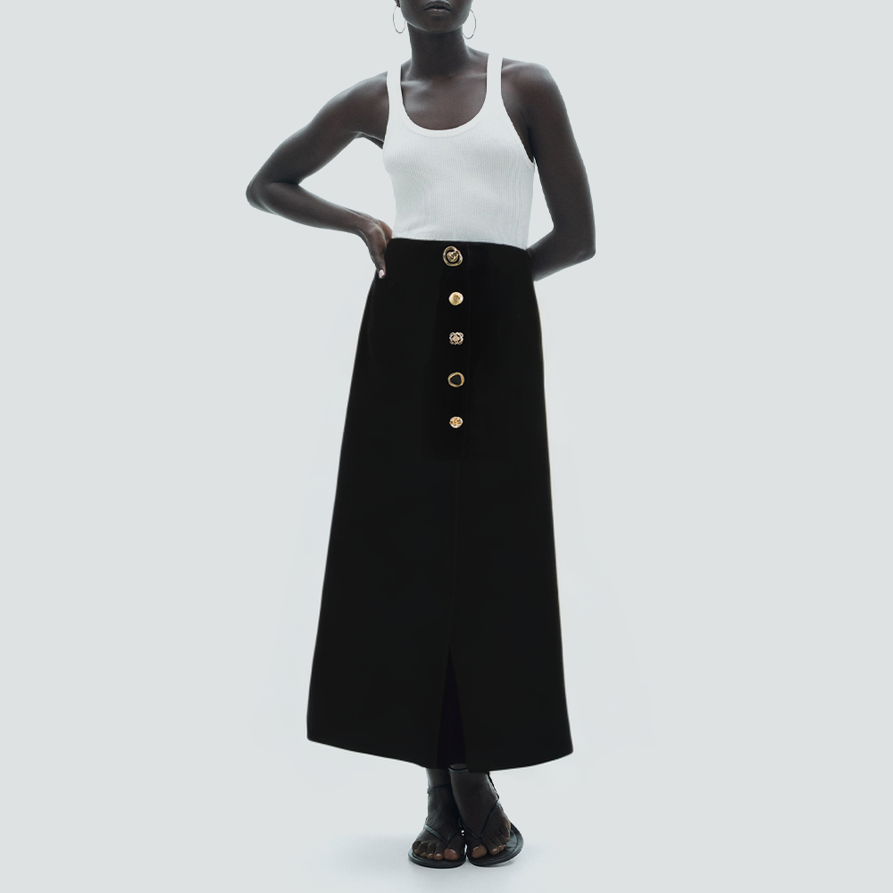 Black casual long skirt with buttons and front slit