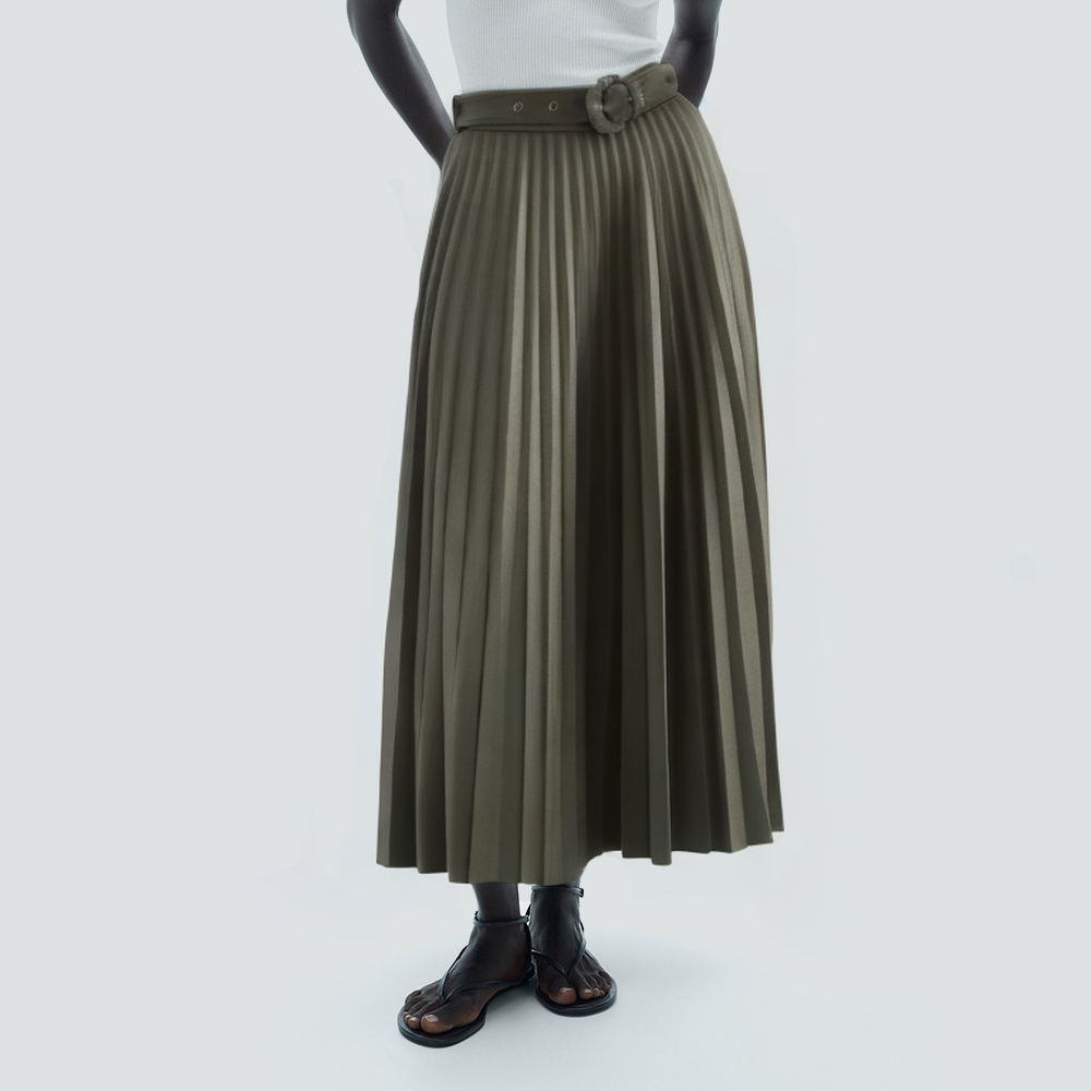 Green fashionable belt zipper long skirt