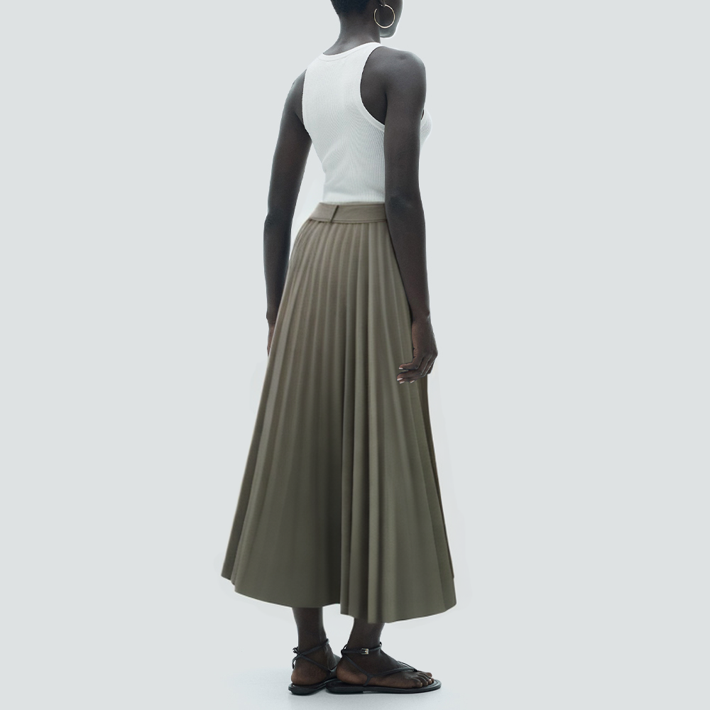 Green fashionable belt zipper long skirt