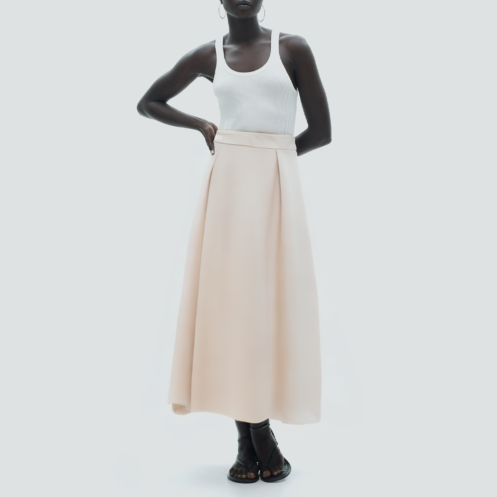 Solid color pleated silky casual long skirt