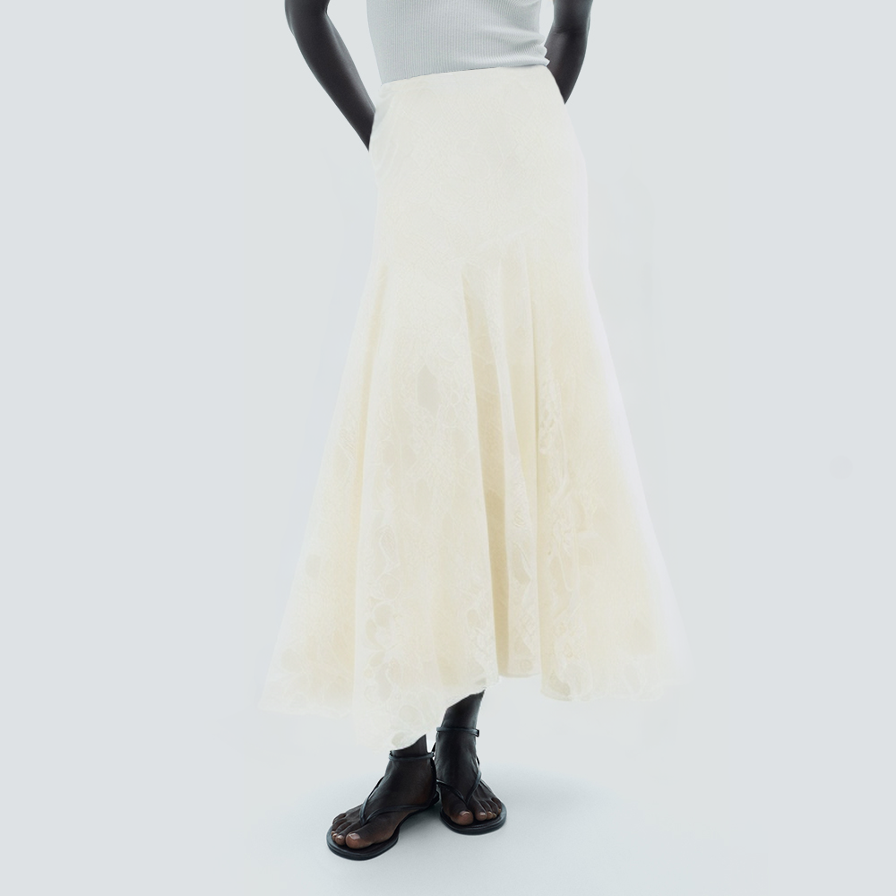 Beige floral lace fashionable long skirt