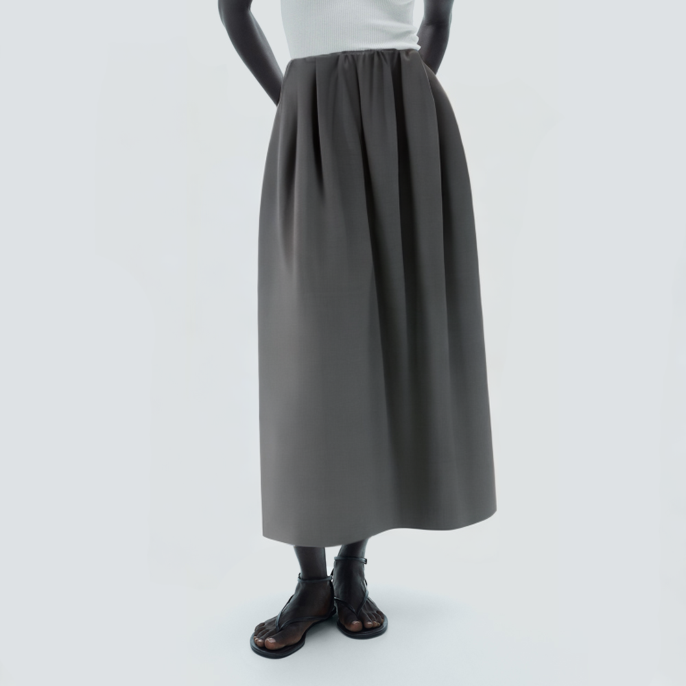 Gray pleated elastic waist long skirt