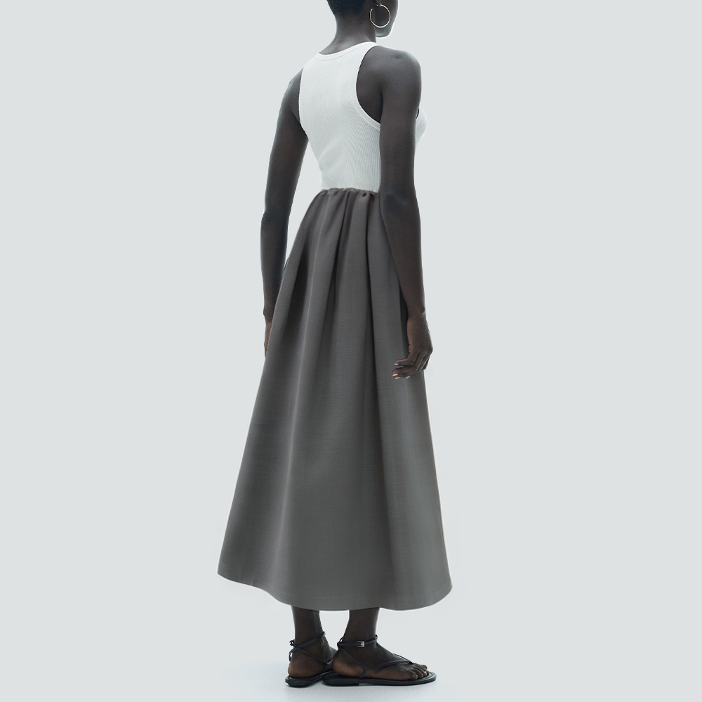 Gray pleated elastic waist long skirt