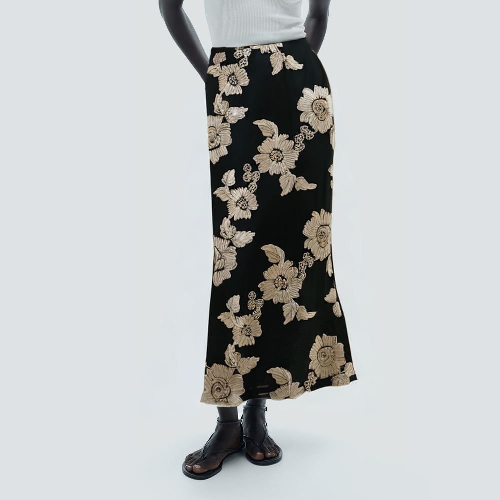 Black floral embroidered long slim fit skirt