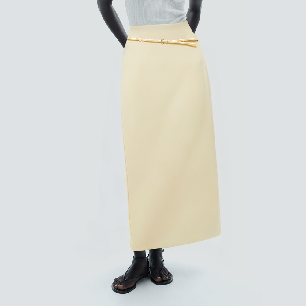 Yellow back slit waistband slim long skirt