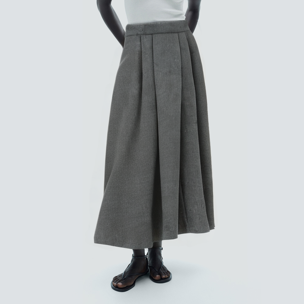 Grey A-line mid-waist pleated casual long skirt