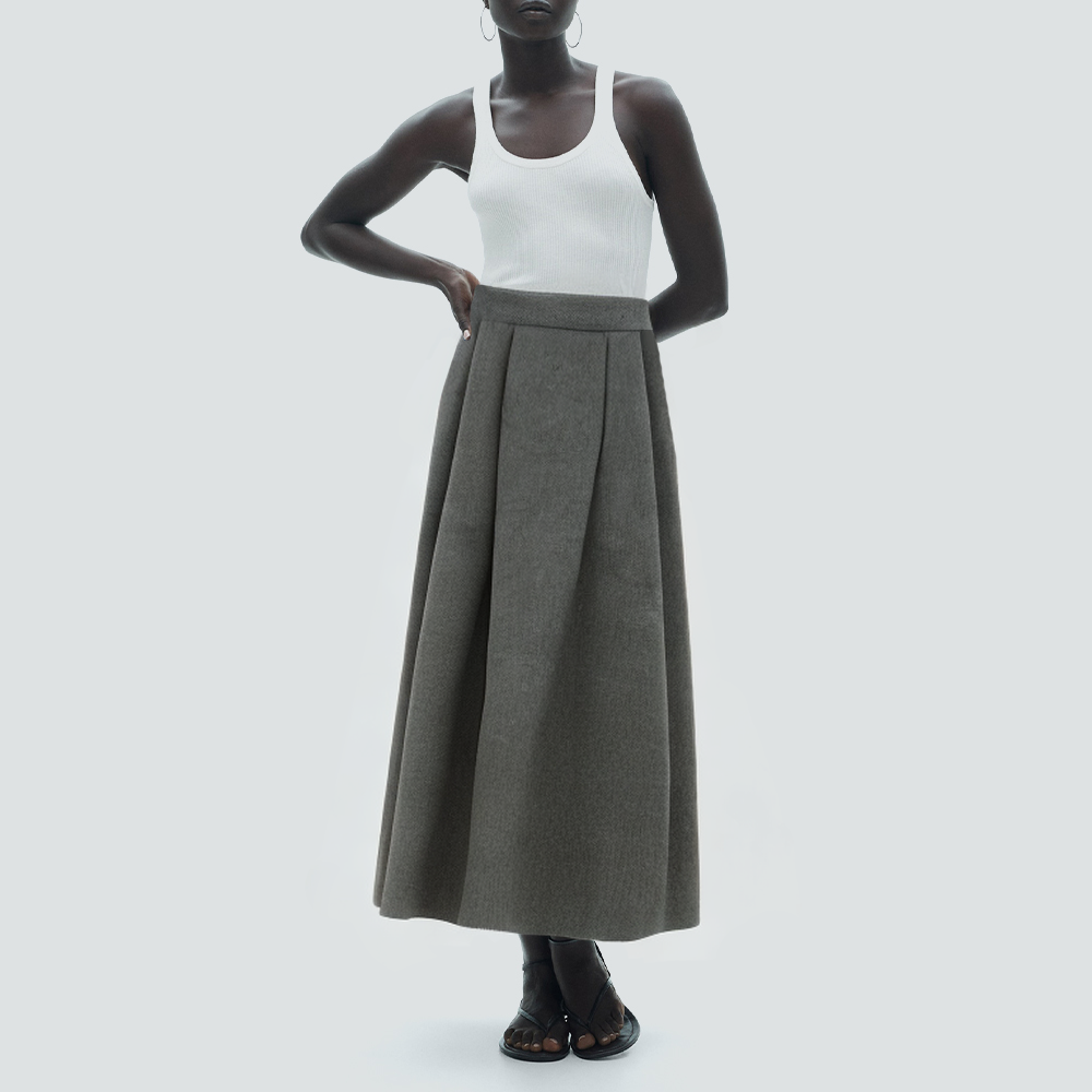 Grey A-line mid-waist pleated casual long skirt