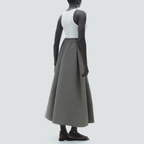 Grey A-line mid-waist pleated casual long skirt
