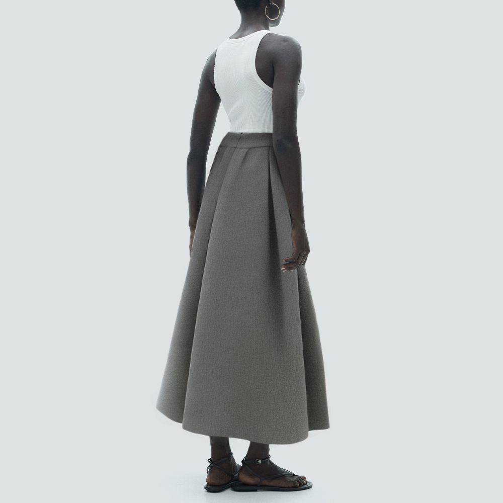 Grey A-line mid-waist pleated casual long skirt