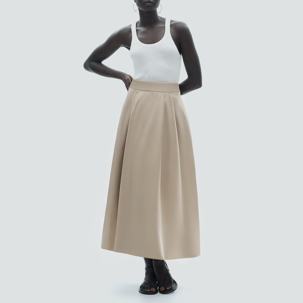 Solid color zipper pleated casual long skirt