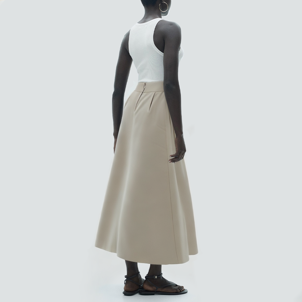 Solid color zipper pleated casual long skirt