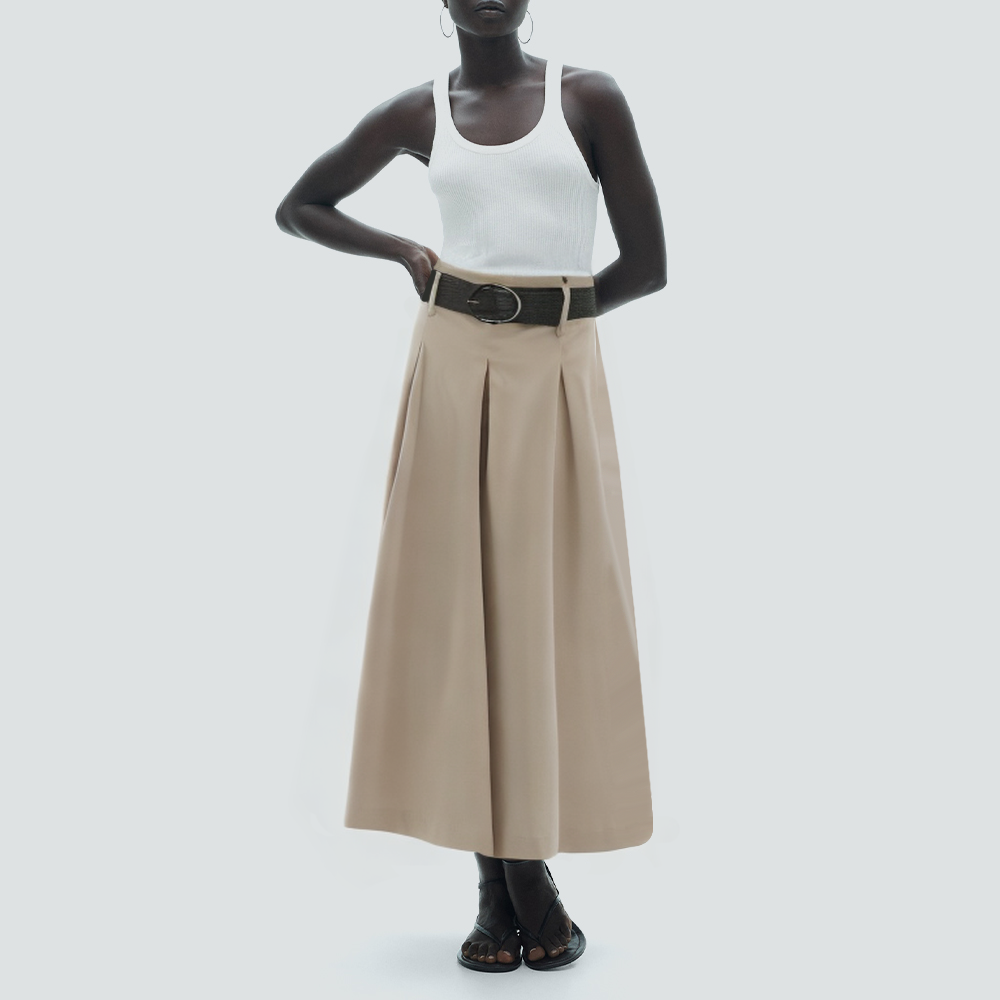 Khaki belted pleated long casual skirt