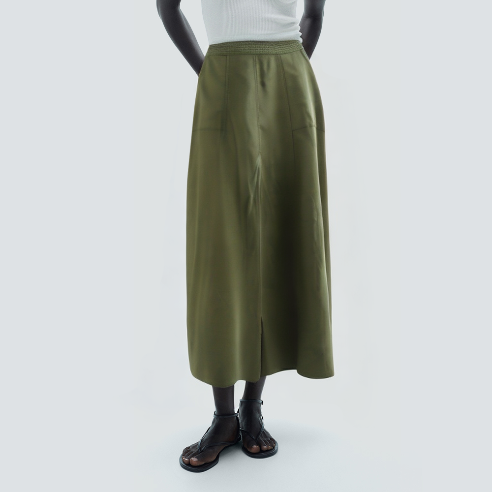 Green elastic waist side pocket long skirt