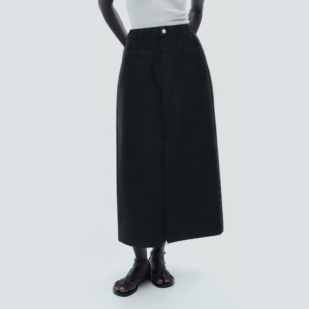 Black front pocket women's long denim skirt