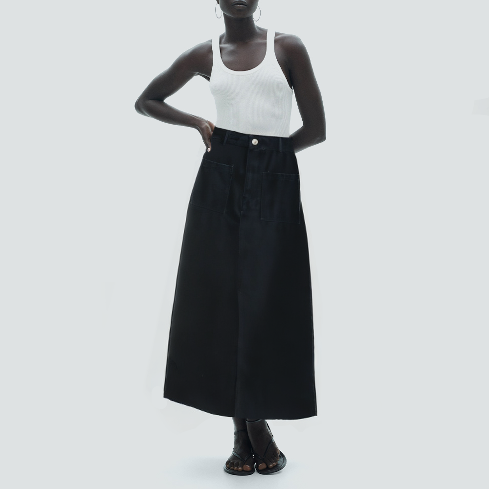 Black front pocket women's long denim skirt
