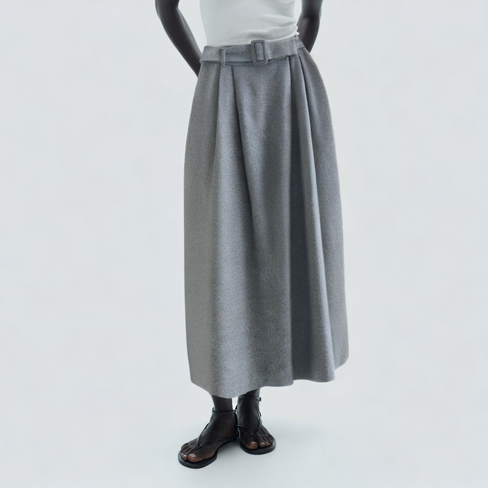 Gray belted pleated casual women's long skirt
