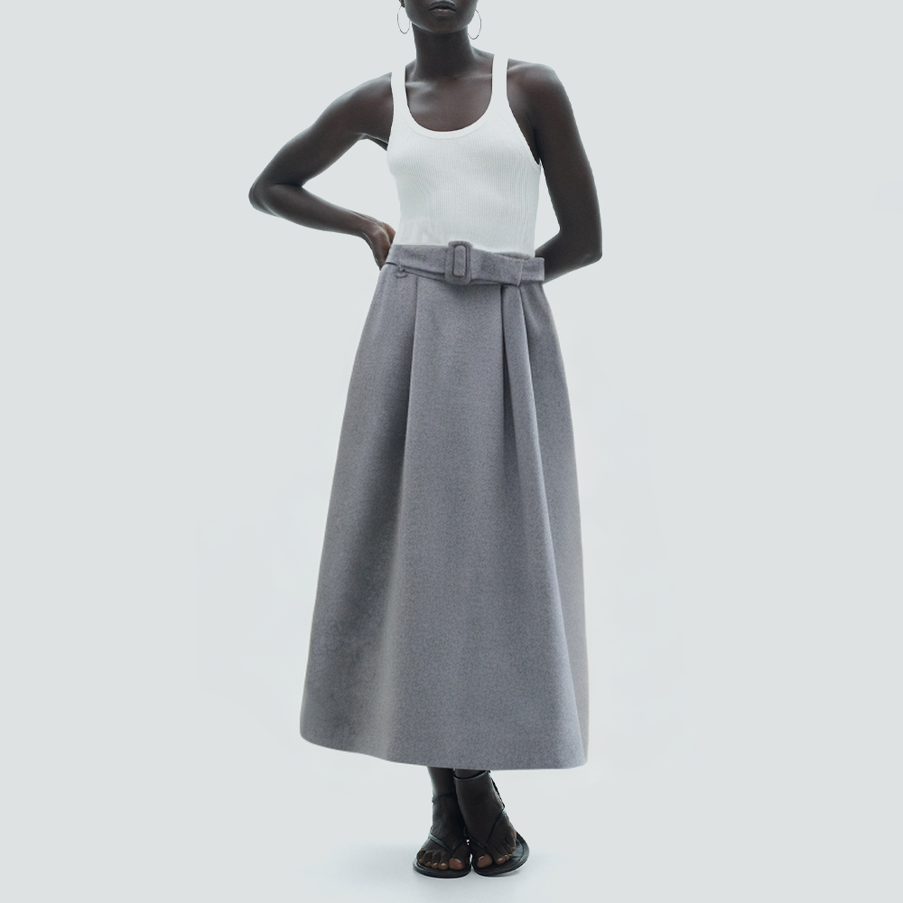 Gray belted pleated casual women's long skirt