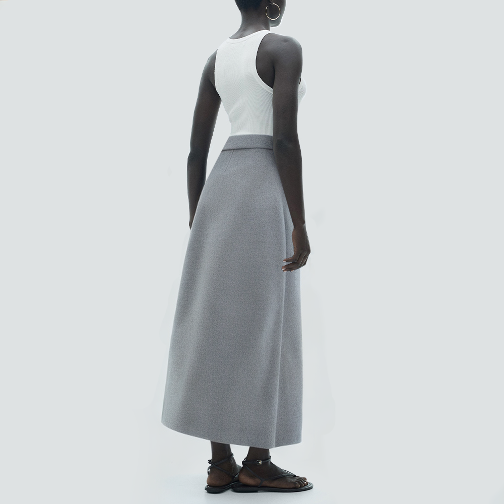 Gray belted pleated casual women's long skirt