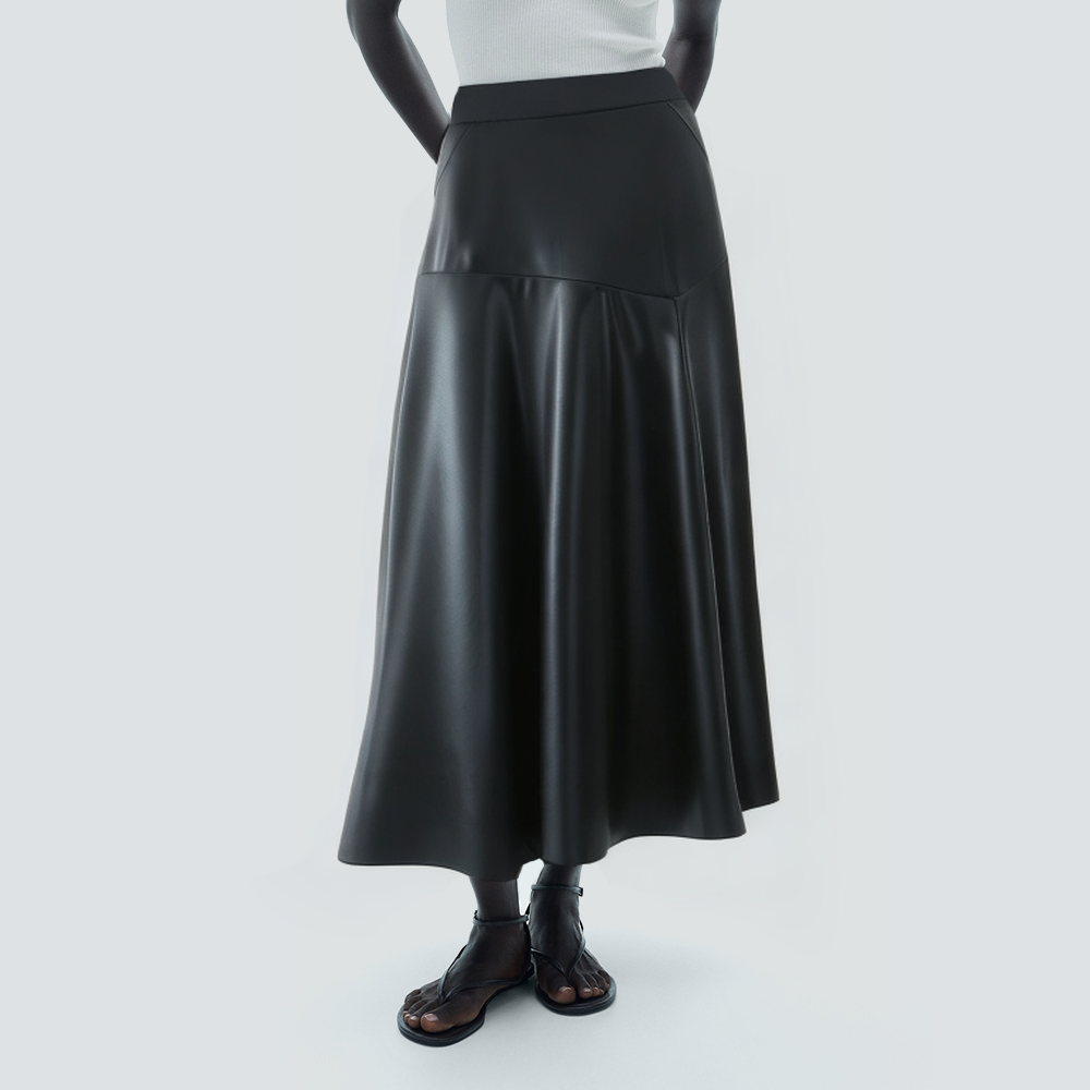 Black asymmetric hem women's long leather skirt