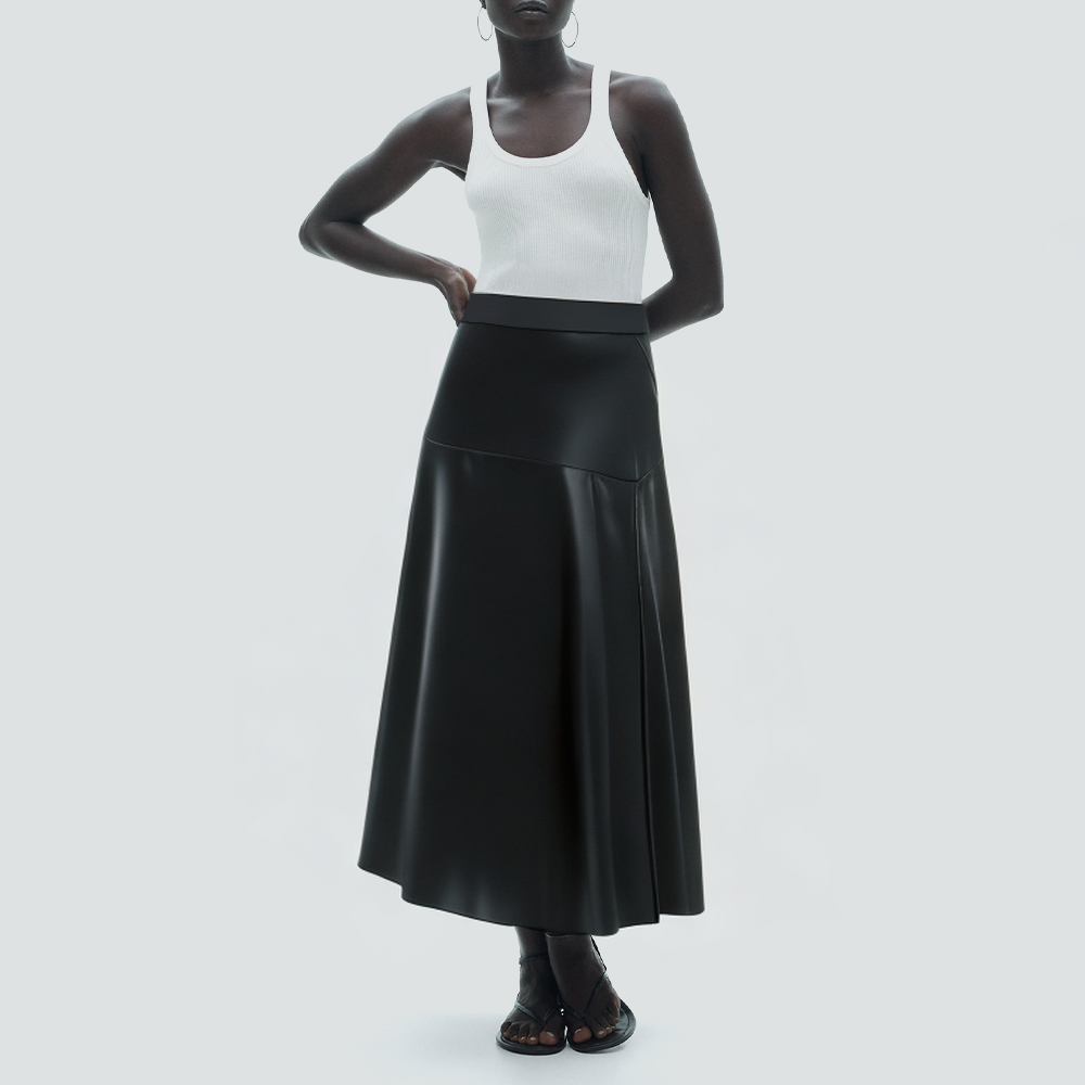 Black asymmetric hem women's long leather skirt