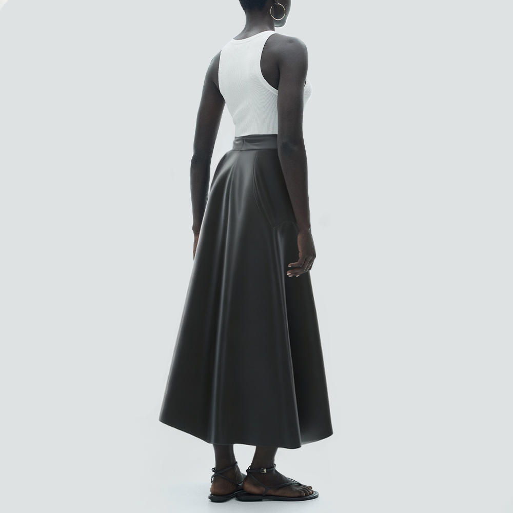 Black asymmetric hem women's long leather skirt