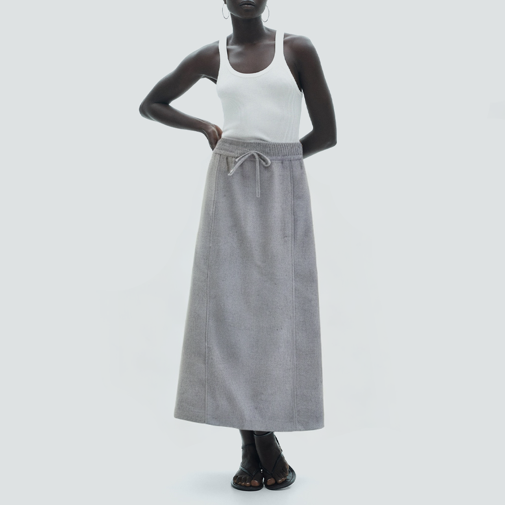 Simple gray drawstring women's long skirt