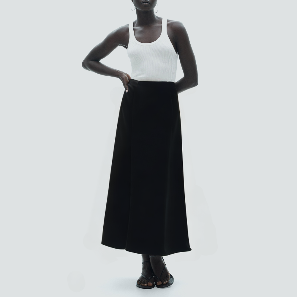 Black casual high waist zipper long skirt