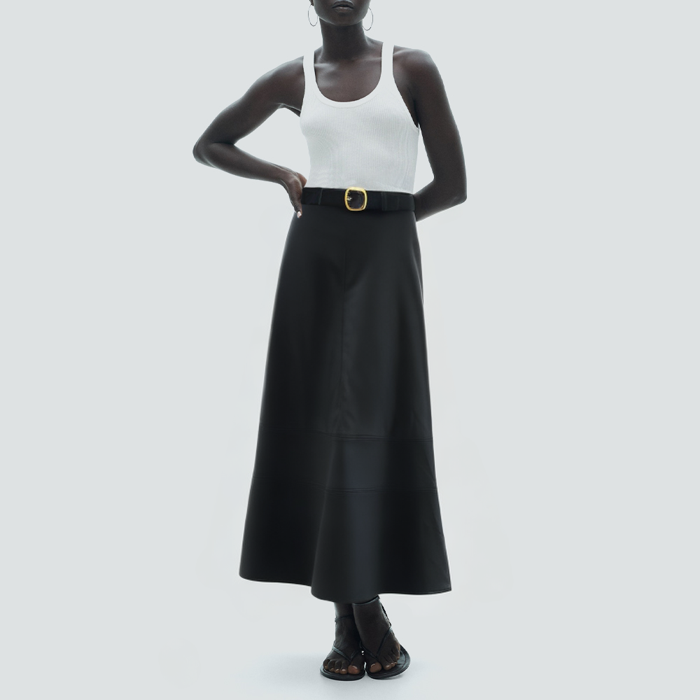 Black fashionable leather long skirt with belt