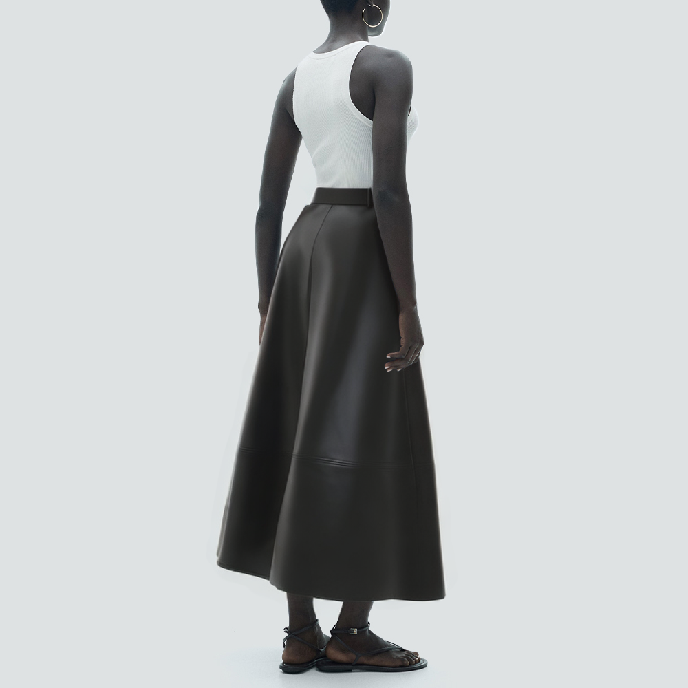 Black fashionable leather long skirt with belt