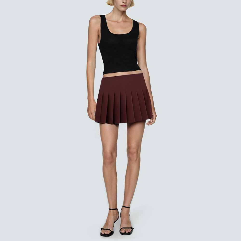 Burgundy pleated casual women's short skirt
