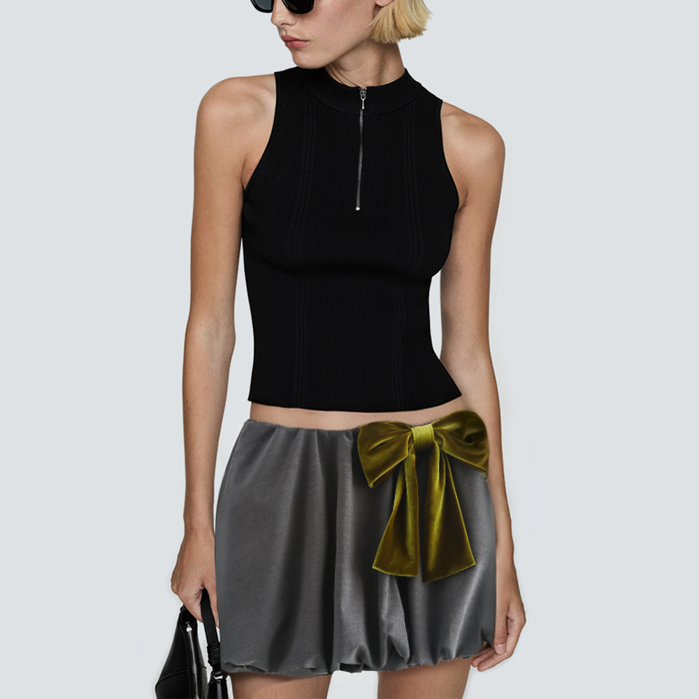 Front bow elastic waist casual ladies short skirt