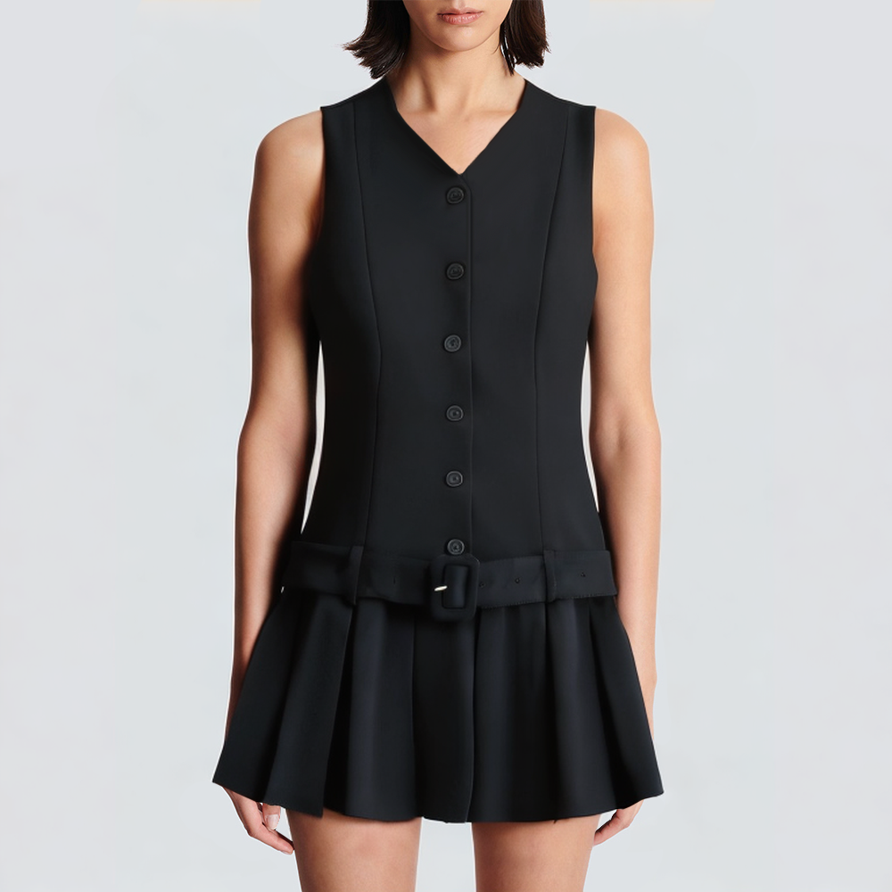 Black button sleeveless short casual dress