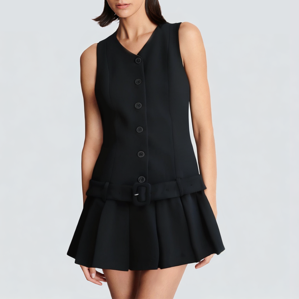 Black button sleeveless short casual dress