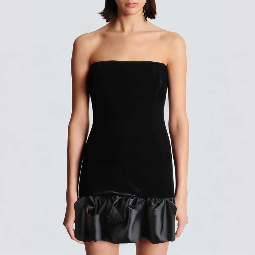 Black strapless short dress with patchwork design