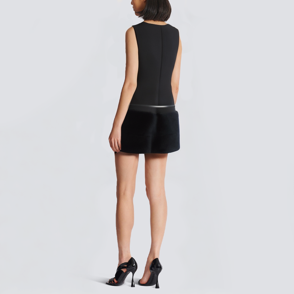 Black crew neck sleeveless belted short dress