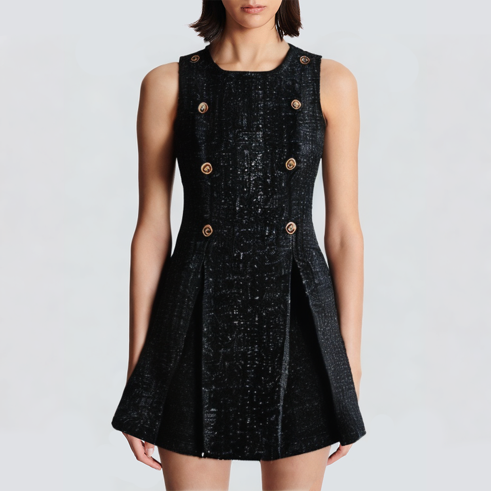 Black double breasted sleeveless front slit short dress