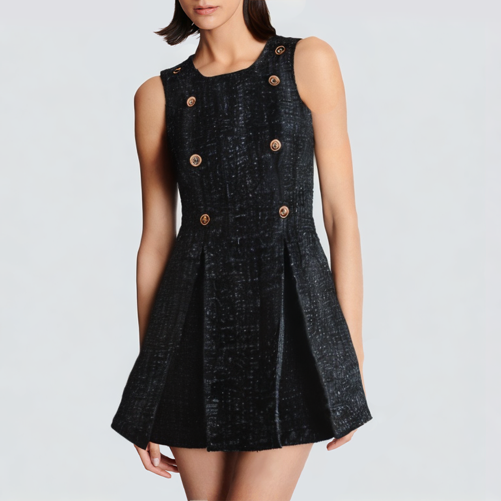 Black double breasted sleeveless front slit short dress