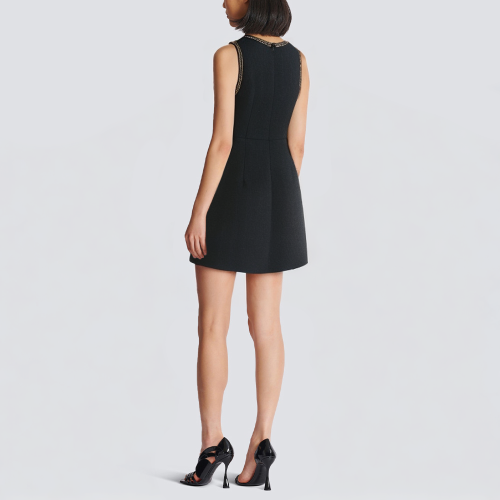Square neck button down black sleeveless short dress