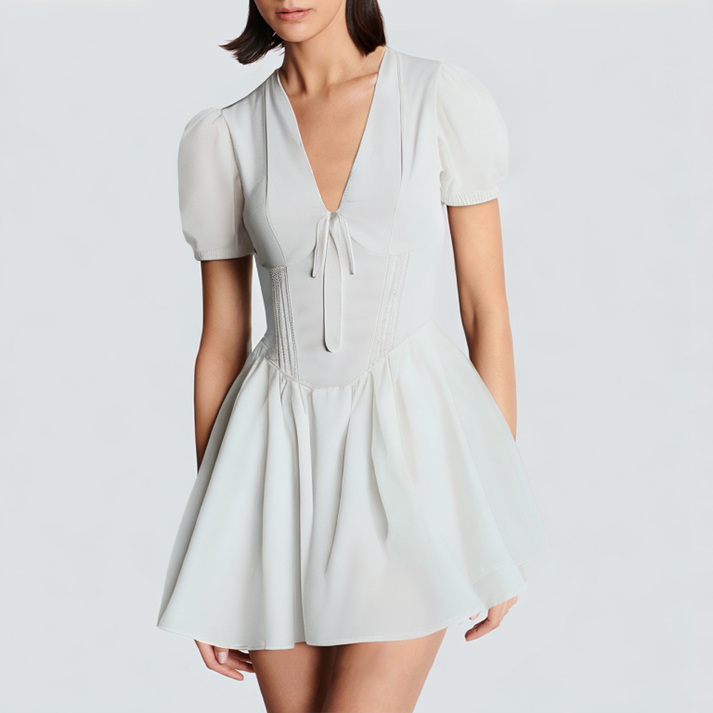 V-neck short sleeve front tie white short dress