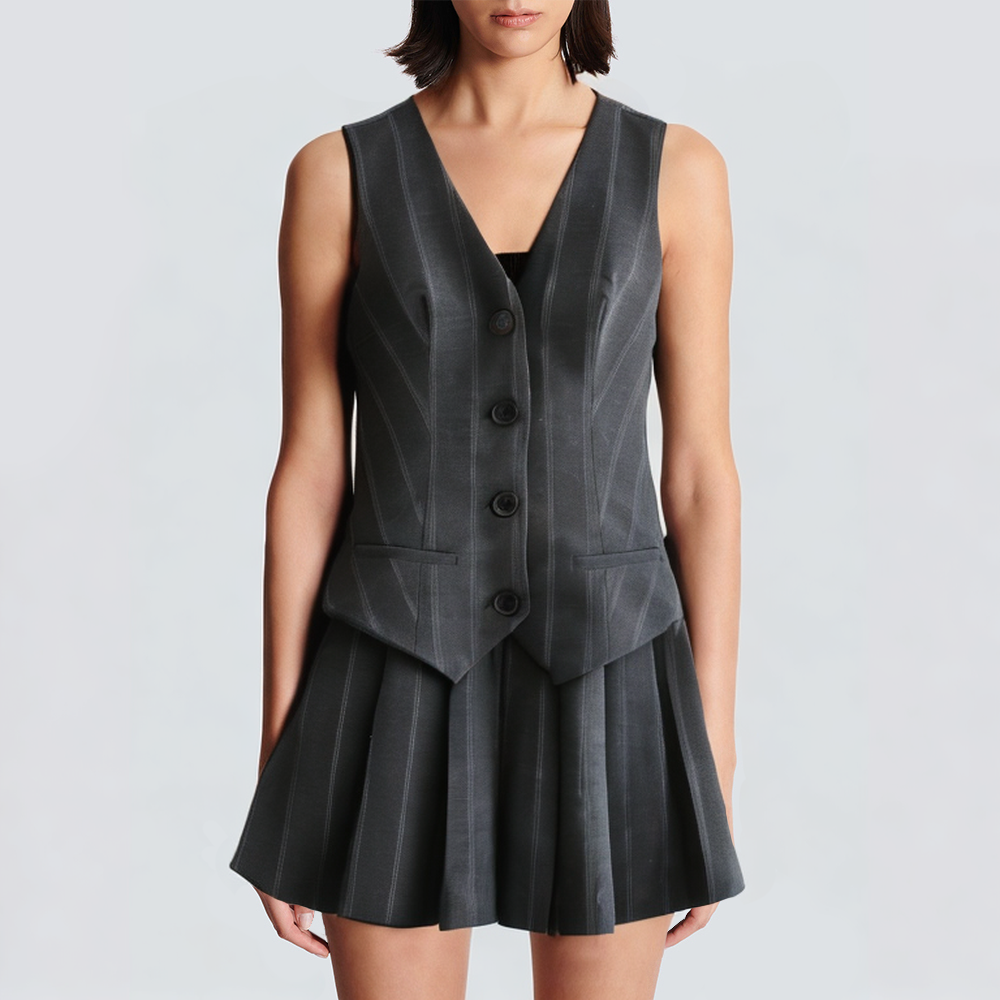 Gray striped printed V-neck sleeveless short dress