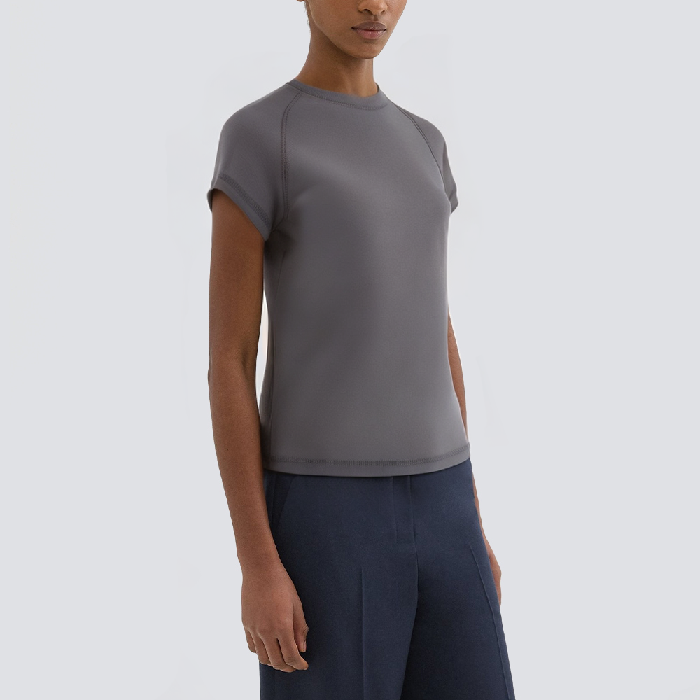 Dark grey crew neck knitted ladies short T-shirt