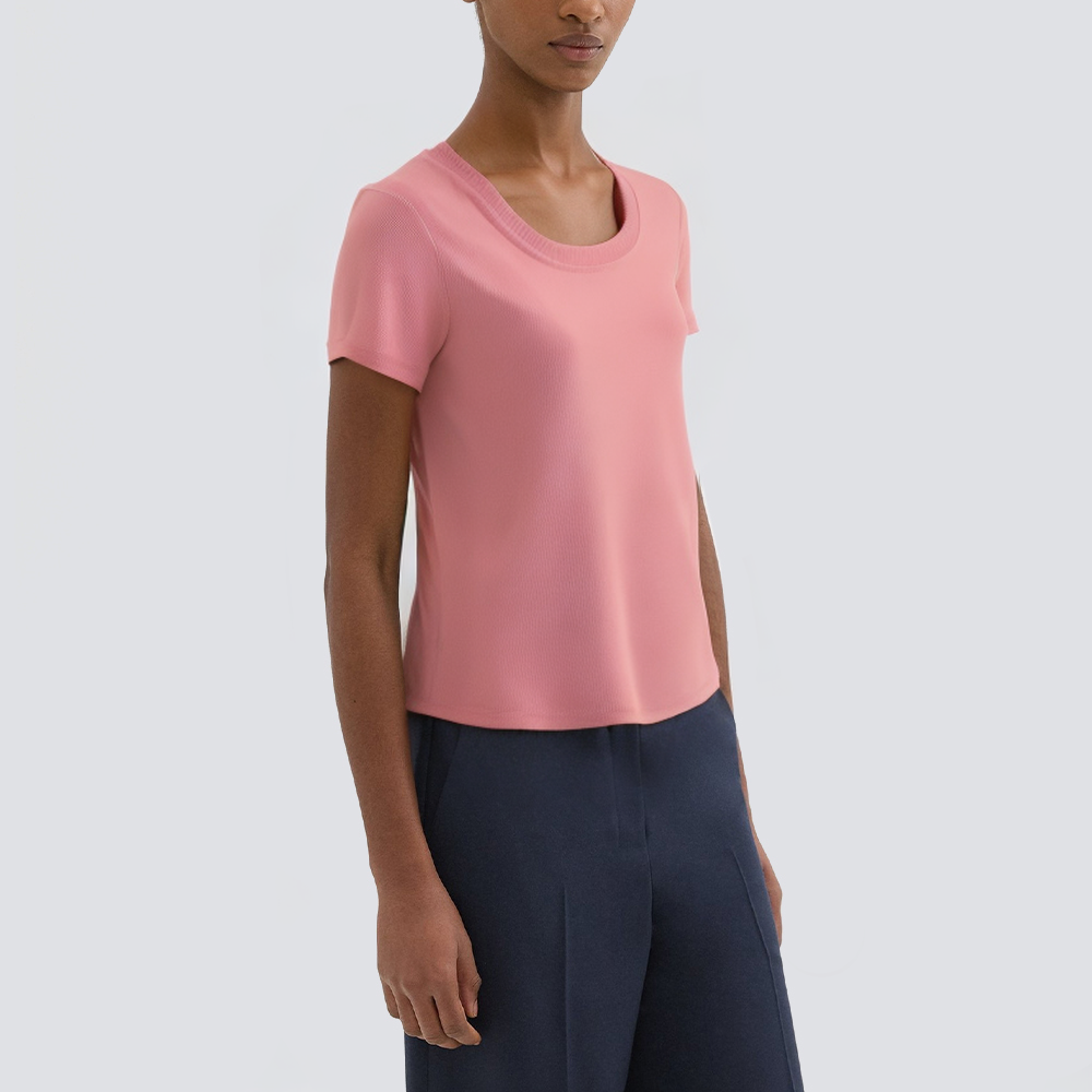 Round neck solid color knitted short sleeve ladies T-shirt