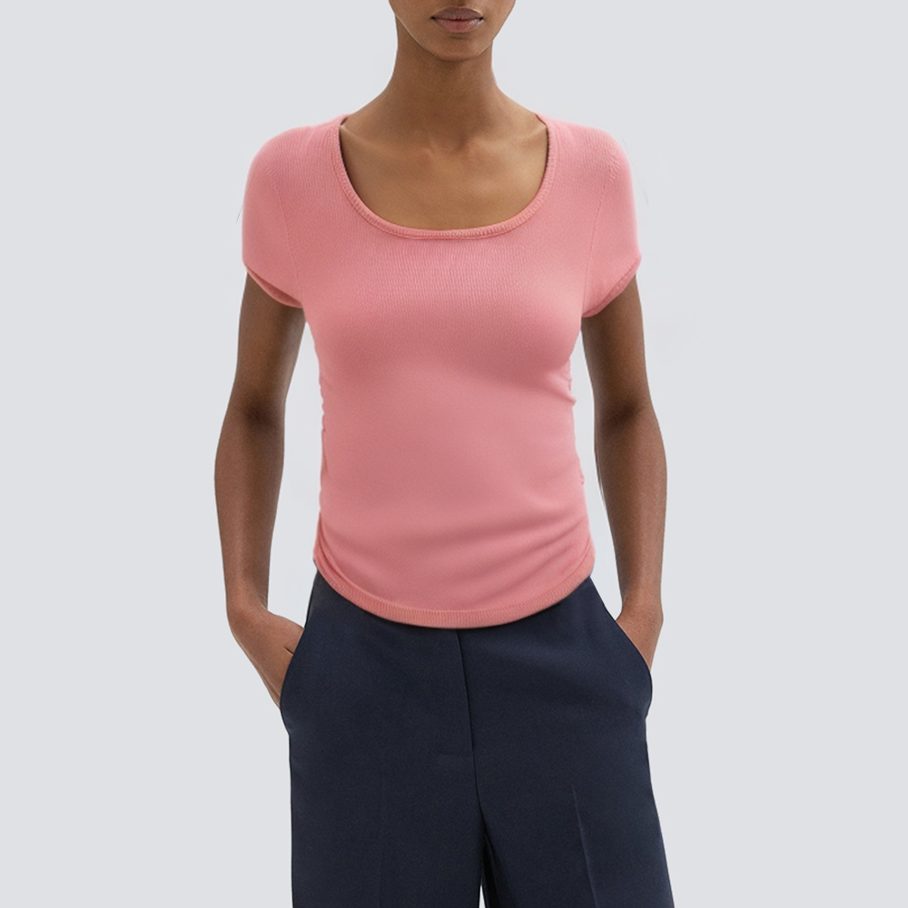 Pink round neck pleated short sleeve ladies T-shirt