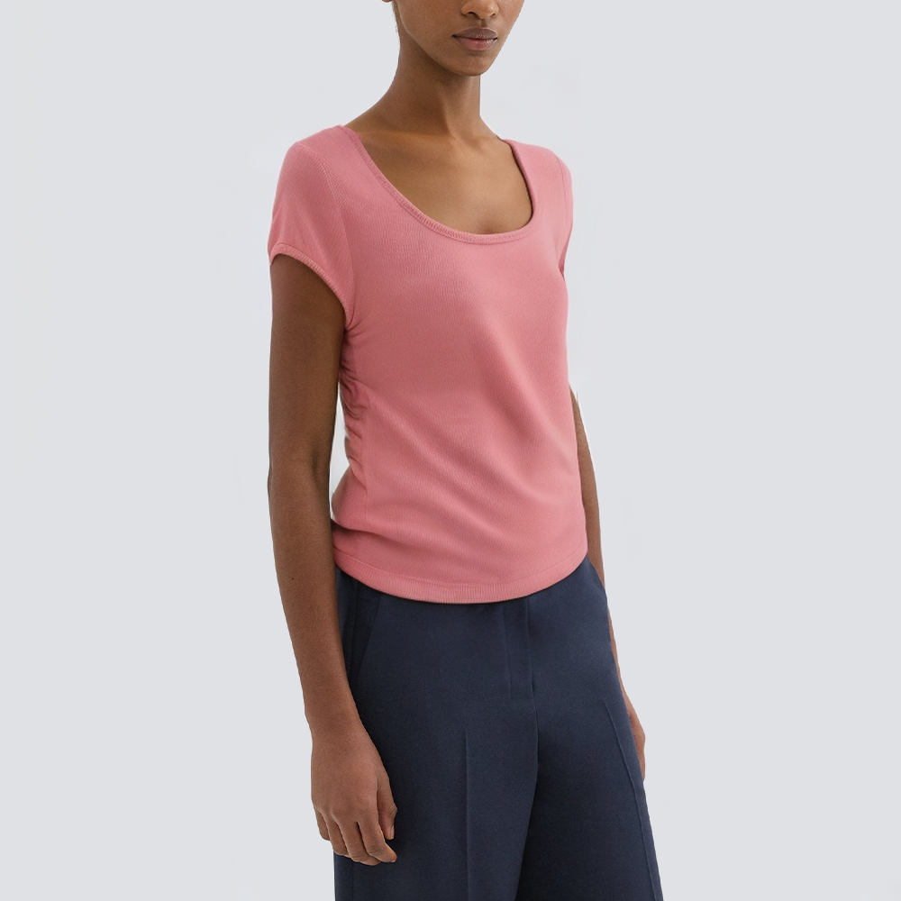 Pink round neck pleated short sleeve ladies T-shirt